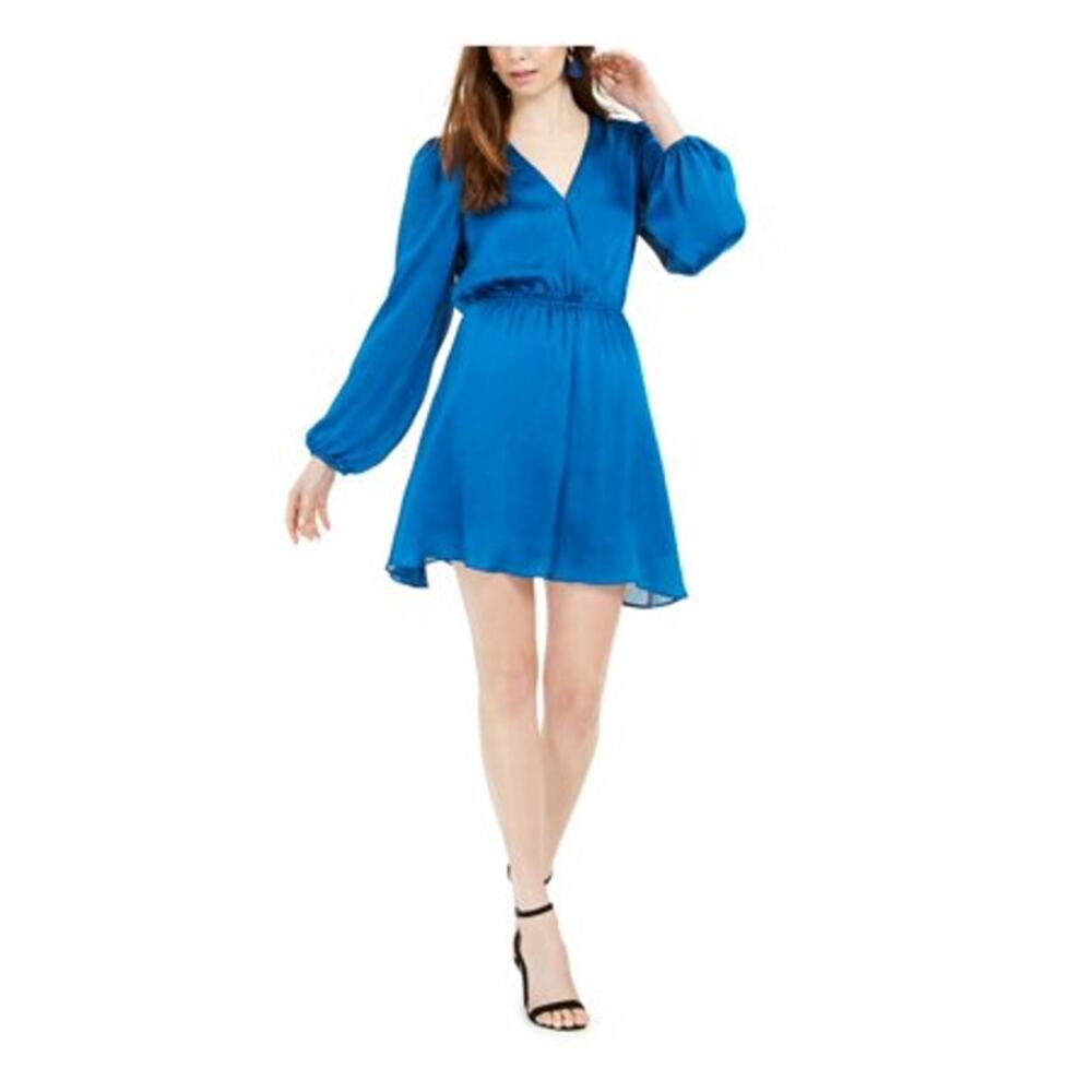 Leyden Long Sleeve Faux Wrap Mini Dress Blue Womens Size Small